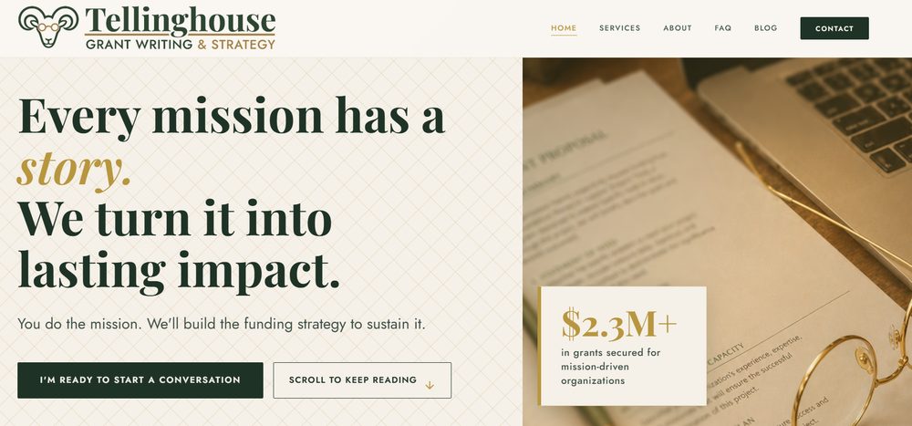 The Tellinghouse.com homepage — headline 'Every mission has a story. We turn it into lasting impact' with a grants-secured stat